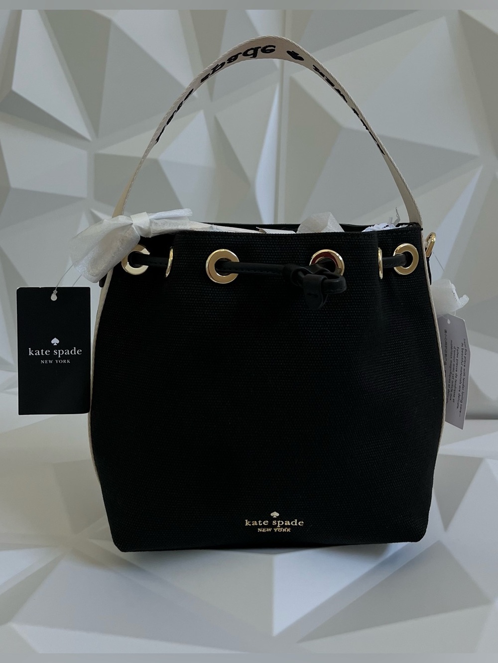 kate spade Kip Canvas Bucket Bag Black.with Cream Crossbody Strap NWT
